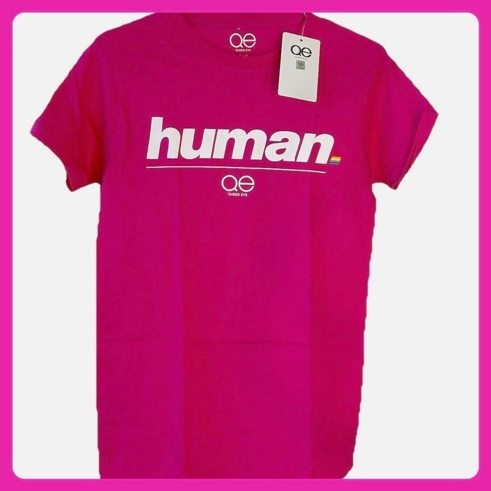 New W/Tags Queer Eye Human Tee Rainbow T-Shirt Adult Unisex Sz. Small Pink‎